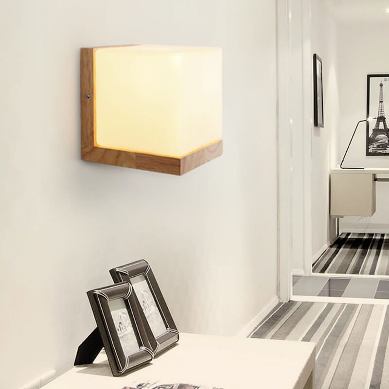 EcoShine Wooden Cube Wall Lamp – Modern E27 Indoor Wall Light for Living Room