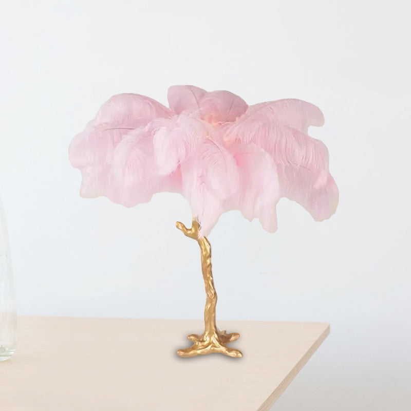 FeatherLuxe Pink & Gold Palm Feather Table Lamp – Modern Decorative Metal Desk Lamp